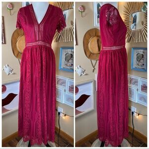 Burgundy Fill Your Heart Lace Maxi Dress - Small